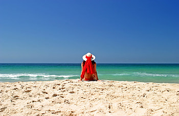 red on the beach, sand, model, beauty, beach, wet, red, sky, water, hat, female HD wallpaper