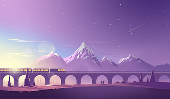 Train, bridge, mountains, minimalistic, digital art HD wallpaper