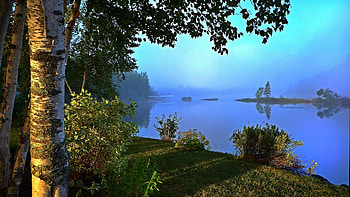 Summer morning at the lake, mist, trees, rocks, water HD wallpaper