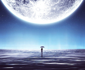 Man with umbrella, minimal, fantasy, planet HD wallpaper