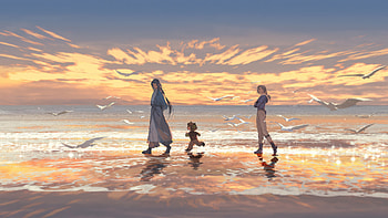Family Beach Walk At Golden Sunset, anime, kid, women, walk, sunset, ocean, sea, artist, artwork, art, digital-art HD wallpaper