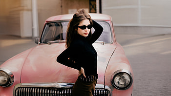 Black Turtleneck Model With Vintage Car, black-dress, girls, model, hoot, car HD wallpaper