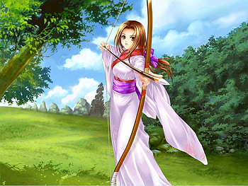 Kanako, kimono, cute, scenic, arrow, female, bow, sexy, scene, landscape, archer, hot, girl, tree, anime girl, anime, green, weapon, forest HD wallpaper