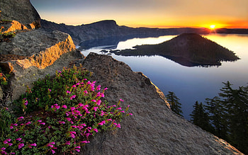 Crater Lake National Park, Oregon, usa, sunset, trees, colors, flowers, sky, rocks HD wallpaper