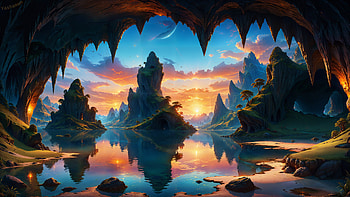 Sunset Reflection: Majestic Lake Cave Landscape View, landscape, lake, cave, sunset, reflection HD wallpaper