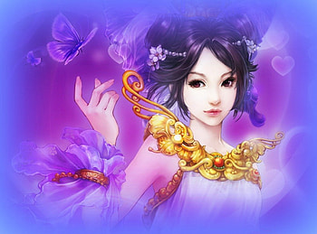 Beauty, golden, asian, brunette, girl, oriental, spring, purple, pink, butterfly, fantasy, flower, yellow, red HD wallpaper