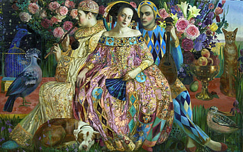 :), evantai, olga suvorova, people, woman, caine, dog, man, girl, hand fan, painting, pictura, flower HD wallpaper