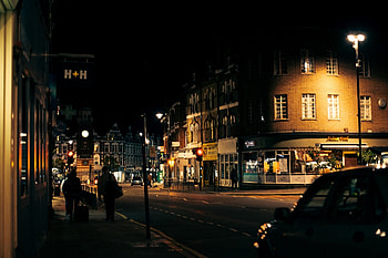 Kingdom city night street road people cars lights background . HD wallpaper