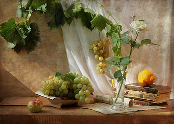 Blending of, table, reading, grapes, vase, curtain, books, music, vine, lemon, fruit, apple, whiterose, wall HD wallpaper
