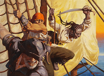 Pirates, ship, sidharth chaturvedi, art, pirate, man, girl, people, summer, fantasy, yellow, luminos, vara HD wallpaper