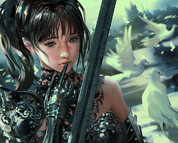 Her sword, art, sword, bird, dove, fantasy, green, erak note, girl, hand HD wallpaper