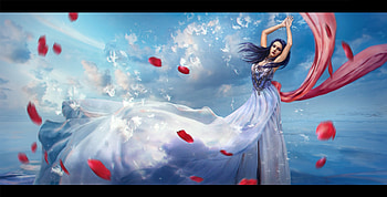 Air, dancer, fantasy, red, element, daria ridel, girl, blue, wind, cloud HD wallpaper