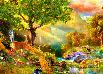 ★Idyllic Wildlife★, digital art, sunbeam, scenery, rays light, animals, trees, drawings, autumn, butterfly designs, fall season, rabbits, waterfalls, forests, paintings, seasons, creative pre-made, love four seasons, landscapes, leaves, wildlife, deer, nature, flowers HD wallpaper