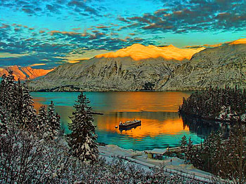 Late afternoon view, boat, golden, peaks, afternoon, beautiful, mountain, light, clouds, trees, view, nature, late, sky, mountainscape HD wallpaper