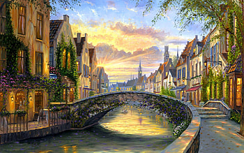 Bridge in small town, gondola, river, boat, town, italy, houses, small, venice, reflection, painting, water, europe, summer, restaurant, cafe, shop, street, bridge, clouds, sky, flowers, village, stream HD wallpaper