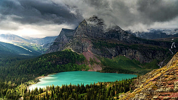 Glacier National Park, Montana, clouds, trees, USA, sky, mountains HD wallpaper