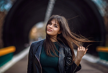 Indian model, smile, girl, leather jacket HD wallpaper