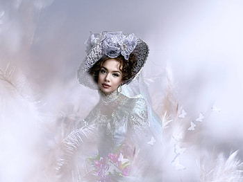 Beauty in White, butterflies, background, grandma gingerbread, soft, girl, Sunny Wind HD wallpaper