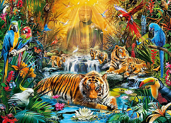 Tiger, painting, art, pictura, tigru, waterfall, jungle, parrot HD wallpaper