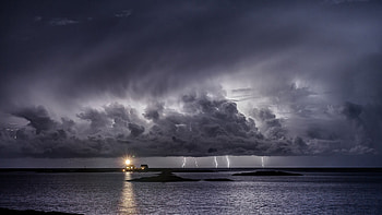 gray lightning storm offshore, sea, lightning, lighthouse, gray, clouds, storm HD wallpaper