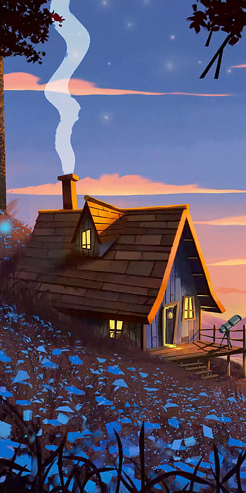 Twilight Hearth Cottage | Starlit Cabin | Cozy Dusk | Moonlit Hillhouse, artistic, house HD phone wallpaper