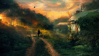 Childhood Memories, dog, birds, girl, kite, wind mill, clouds, trees, sky, child, home HD wallpaper