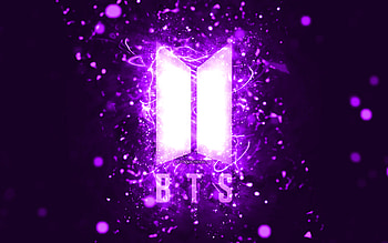 BTS violet logo, , violet neon lights, creative, violet abstract background, Bangtan Boys, BTS logo, music stars, BTS, Bangtan Boys logo HD wallpaper