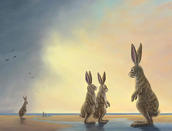 Sunset on the beach, bunny, painting, art, robert bissell, pictura, rabbit, beach, sunset HD wallpaper