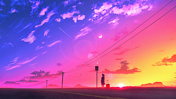 Thoughts In The Evening Glow Waiting At The Bus Stop, alone, artist, artwork, digital-art HD wallpaper