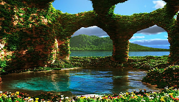 Magic cave, magic, beautiful, rocks, lake, cliffs, clouds, flowers, cave, sky HD wallpaper