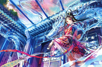 BLue Dragon & Woman, blue, anime, shiki, dragon, colors, girl, fuji, woman HD wallpaper