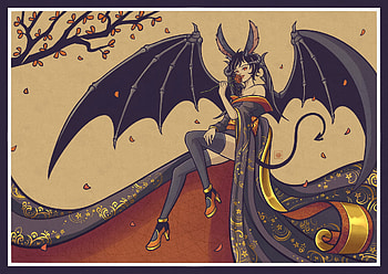 Succubus Viera, wings, fantasy, art, succubus, kucingkecil, girl, bat, viera HD wallpaper