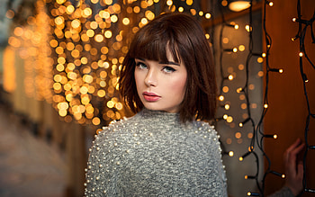 Lights, bokeh, beautiful, woman, model, short hair HD wallpaper