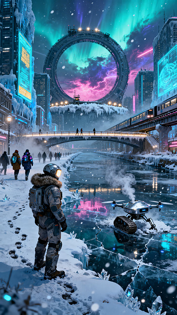 Aurora Gate: Winter City Nexus, astronaut HD phone wallpaper