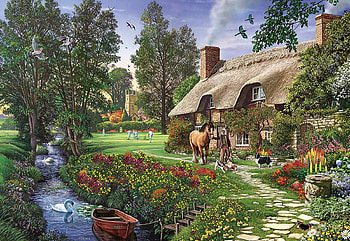 Cricketers Cottage, artwork, horse, creek, painting, man, house, trees HD wallpaper