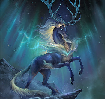 Aurora Kirin, sandara, horns, fantasy, deer, luminos HD wallpaper