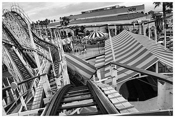 Roller coaster, tivoli, white, black, fun, grey, black and white, park HD wallpaper