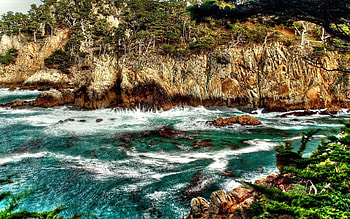 Nature, Water, Sea, Rock, Mountain, Vegetation, Greens, Wave, Foot HD wallpaper