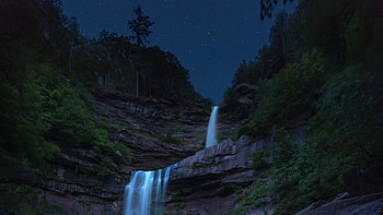 Flowing Waterfall under Starry Sky, Stars, Watefalls, Mountains, Nature, Sky HD wallpaper