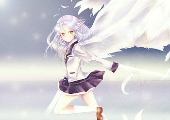 Kande, skirt, wings, white, yellow eyes, feathers, cute, school uniform, kanade, angel beats HD wallpaper