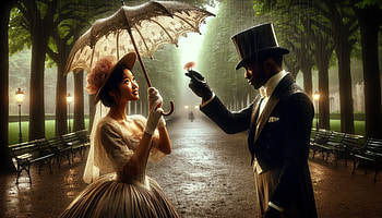 Enchanted Evening - Romantic Vintage Couple, Romantic, vintage, couple, umbrella, garden HD wallpaper