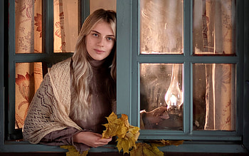 Autumn Girl, leaves, girl, window, lamp HD wallpaper