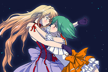 Hold Me..., macross, long hair, embrace, anime, mecha, short hair, ranka lee, green hair, macross f, blush, sheryl nome HD wallpaper