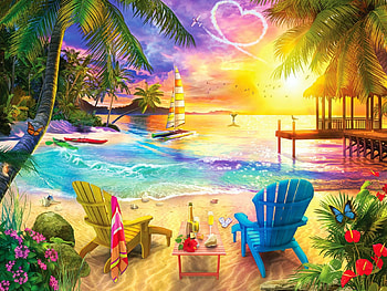 Wish You Were Here, artwork, chairs, palms, painting, flowers, beach, sunset HD wallpaper