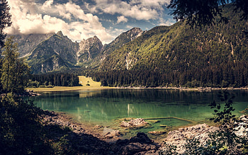 Lago Di Fusine - Italy, sky, dolomites, alps, clouds, rocks, evening HD wallpaper
