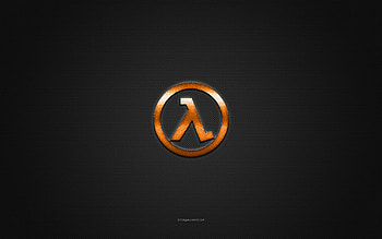 Half-Life logo, orange shiny logo, Half-Life metal emblem, gray carbon fiber texture, Half-Life, brands, creative art, Half-Life emblem HD wallpaper