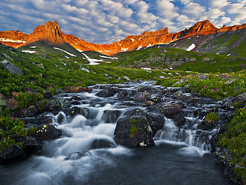 Ice Lake Basin at Dawn San Juan Mountain, Colorado, grass, rocks, mountain, lake, day, clouds, nature, colorado, sky, water HD wallpaper