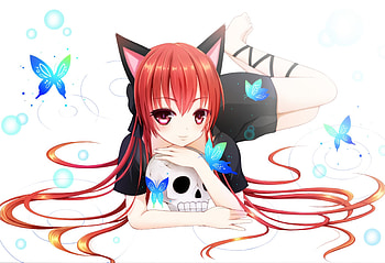 Anime Neko girl!, Butterfly, Skull, Red hair, Long hair, Anime, Neko girl HD wallpaper