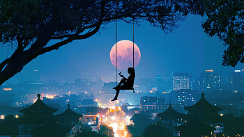 Moonlit Dreams: Digital Art of a Girl Swinging Over a Cityscape at Night, girl, landscape, Digital Art, sky HD wallpaper