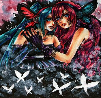 luka x miku, sweet, miku, pink, luka, butterflys, magnet, aqua HD wallpaper